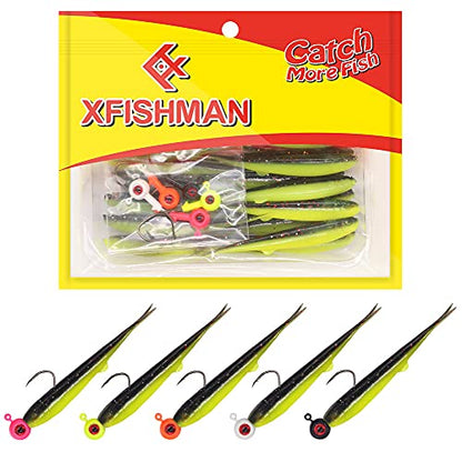 Crappie-Baits- Plastics-Jig-Heads-Kit-Minnow-Fishing-Lures-for Crappie-Panfish-Bluegill-20Piece Kit - 15 Bodies- 5 Crappie Jig Heads - color: #07 TuxedoBlack-Chartreuse