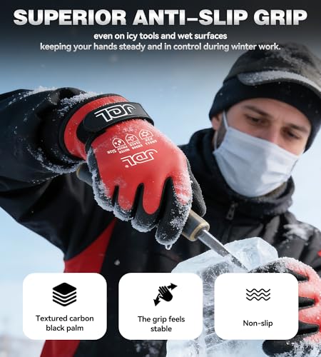 JDL 100% Waterproof Winter Work Gloves for Men & Women, Thermal Insulated Freezer Gloves for Cold Weather, Super Grip Palm, Red, Large, Medium