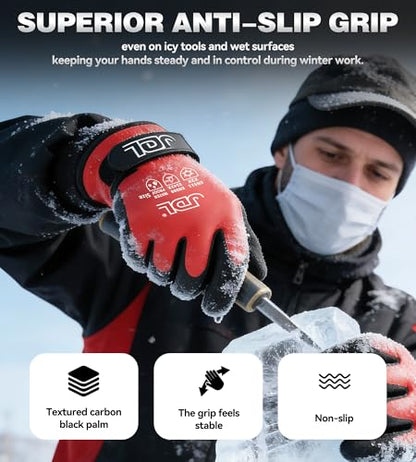 JDL 100% Waterproof Winter Work Gloves for Men & Women, Thermal Insulated Freezer Gloves for Cold Weather, Super Grip Palm, Red, Large, Medium