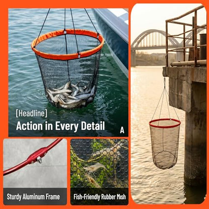 Foldable Bridge and Pier Fishing Landing Net - High Load-Bearing Aluminum Ring Drop Net for Saltwater Freshwater - Collapsible Basket with 50 FT Rope