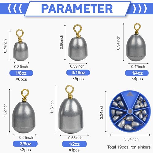 Fishing Weights Sinkers Kit,19/52pcs Bass Casting Sinkers Weights Bell Sinkers Assorted Iron Fishing Weights Drop Catfish Sinkers Weights for Saltwater Freshwater Fishing - style: 19pcs Kit