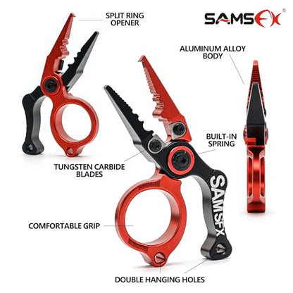 SAMSFX Mini Fishing Pliers with Fly Fishing Zinger Retractor, Fish Hook Remover Tool, Split Ring Pliers for Saltwater & Freshwater, Tungsten Carbide Cutters, Fishing Gear Gift for Anglers - color: Red