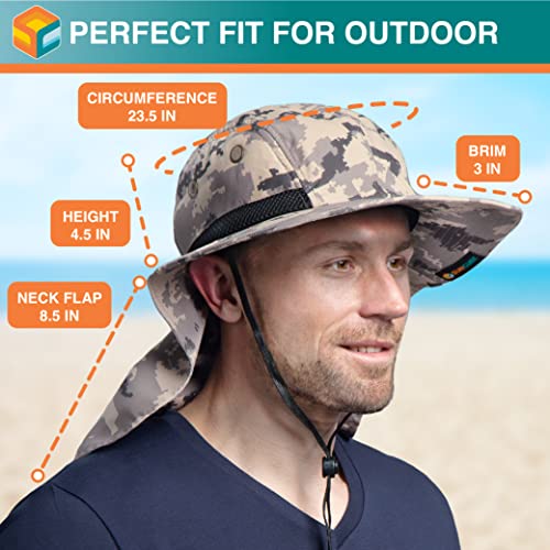 SUN CUBE UPF50+ Sun Hat for Men Women with Neck Flap, Wide Brim UV Protection Fishing Safari Hat for Hiking Beach Gardening - color: Gray Camo