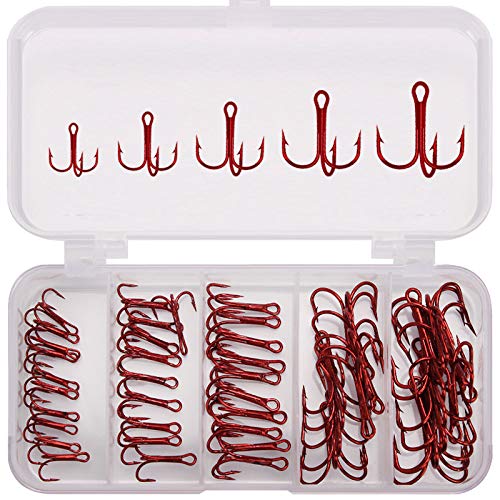 50pcs/Box Fishing Treble Hooks, High Carbon Steel Fishing Hooks Kit, Sharp & Round Bend Fishing Treble Hooks for Catfish Lures Baits Bass Fishing Accessories - color: Red Treble Hooks