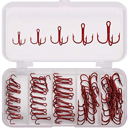 50pcs/Box Fishing Treble Hooks, High Carbon Steel Fishing Hooks Kit, Sharp & Round Bend Fishing Treble Hooks for Catfish Lures Baits Bass Fishing Accessories - color: Red Treble Hooks