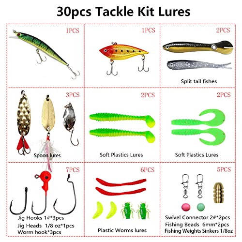 Fishing Lures Kit Set, Baits Tackle Including Crankbaits, Topwater Lures, Spinnerbaits, Worms, Jigs, Hooks, Tackle Box and More Fishing Gear Lures for Bass Trout - color: 30Pcs Fishing Lures Kit
