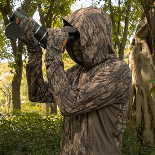 Palmyth Hunting Hoodie with Mask for Men Sun Protection Camo Fishing Shirts | UPF 50+, Mask Neck Gaiter, Quick Dry, 2 Zipper Pockets, Side Mesh Vent, Thumb Loops, Moisture Wicking, Stretchy, Breathable - color: Bark Ridge, size: X-Large