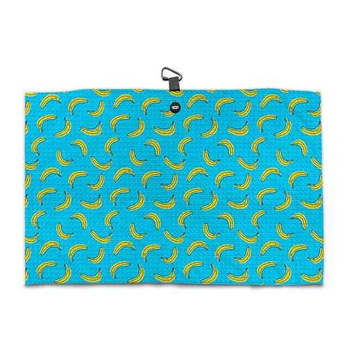 Magnetic Microfiber Waffle Golf Towel – Funny Large 16"x24" Clean Golf Club Ball Magnet Clip to Hang on Bag Cart Strong Premium Strength Ultra Absorbent Gear Black Disc Men (Teal Bananas) - color: Teal Bananas