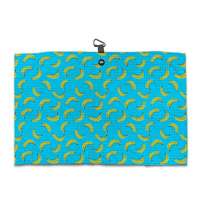 Magnetic Microfiber Waffle Golf Towel – Funny Large 16"x24" Clean Golf Club Ball Magnet Clip to Hang on Bag Cart Strong Premium Strength Ultra Absorbent Gear Black Disc Men (Teal Bananas) - color: Teal Bananas