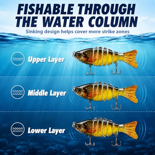 Rattling Fishing Lures 3 Pack, Multi-Jointed Swimbaits with Treble Hooks, Lifelike S-Swimming Hard Baits for Bass, Trout, Crappie & Perch