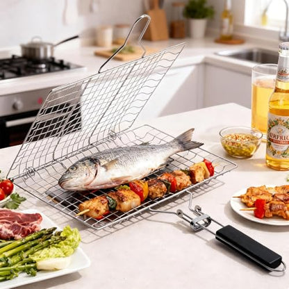 Grill Basket Set – Stainless Steel Folding BBQ Basket with Basting Brush & Heat-Resistant Gloves, Portable Outdoor Rack for Fish, Vegetables, Shrimp, Gift for Dad, Husband, Friends