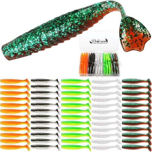 Dovesun Crappie Lures Kit Soft Plastic Baits Paddle Tail Swimbaits Fishing Soft Plastic Lures Crappie Walleye Trout Bass Fishing Baits 60pcs/75pcs - color: Duck Feet-1.7in-75pcs