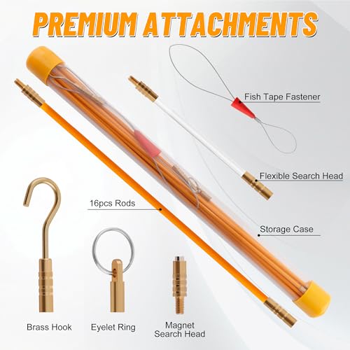 KOOTANS 22FT Fiberglass Electrical Wire Running Kit Wire Fishing Tools Fish Tape Wire Puller Through Wall Cable Snake Fish Rods Kit with Different Attachments - color: 22FT