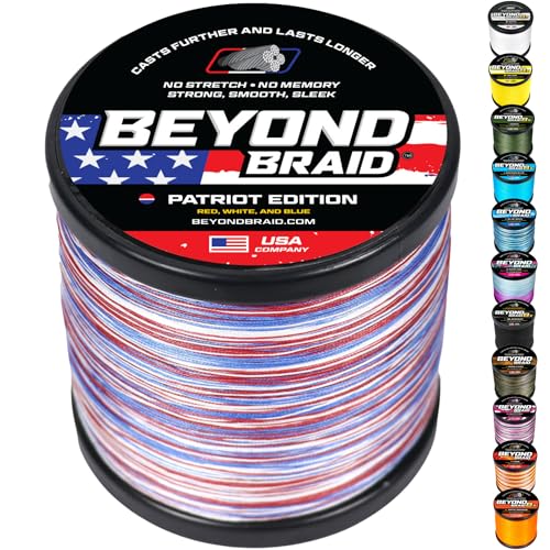 Beyond Braid Braided Fishing Line -Super Strong - Abrasion Resistant - No Stretch -Blue Camo, Moss Camo, White, Green, Pink, Blue, 4 Strand 8 Strand - color: Patriot, size: 15LB (300 Yards)