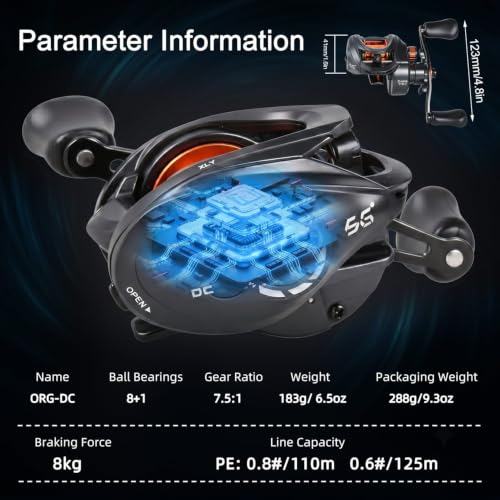 SOUGA DC Baitcaster Reel, Smart Digital Anti Backlash Baitcasting Reel, 7.5:1 High Speed, 8+1 Bearings, 18LB Max Drag, CNC Aluminum Spool, Line Out Alarm, Low Profile Fishing Reel for Bass & Beginners