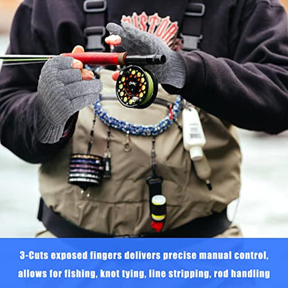 Giegxin 4 Pairs 3 Cut Fingers Fishing Gloves for Men and Women - Warm Fingerless Fly Fishing Wool Non-Slip Hunting Photography Windproof Work Kayak Gloves, Black Gray - size: Large