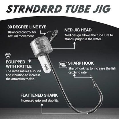 Eupheng Tube Baits for Bass Fishing, Soft Plastic Bait Worm Tube Jig Kit Tube Worms with Tube Jig Heads for Lake Trout Smallmouth Largemouth Bass - size: 3.5"tube(15)+3/16oz(2)+1/4oz(2)+3/8oz(2)RATTLEjig