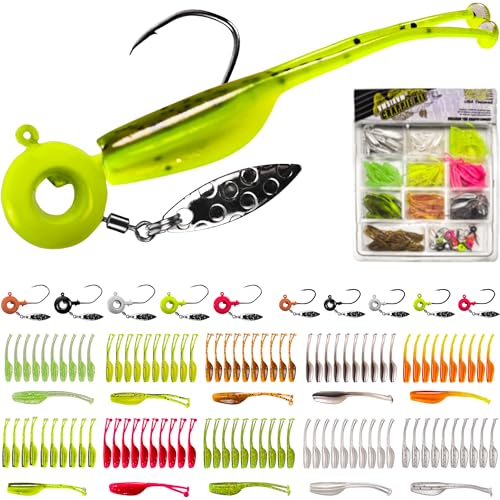 Crappie Lures Jig Heads Worms Swimbaits Kit, 110 Pcs Underspin Crappie Fishing Jig Heads Soft Plastic Grub Baits for Panfish Bluegill Bass Trout Freshwater Saltwater - color: 110Pcs - Crappie Jigs, Split TwinTail Shad