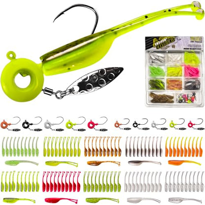 Crappie Lures Jig Heads Worms Swimbaits Kit, 110 Pcs Underspin Crappie Fishing Jig Heads Soft Plastic Grub Baits for Panfish Bluegill Bass Trout Freshwater Saltwater - color: 110Pcs - Crappie Jigs, Split TwinTail Shad
