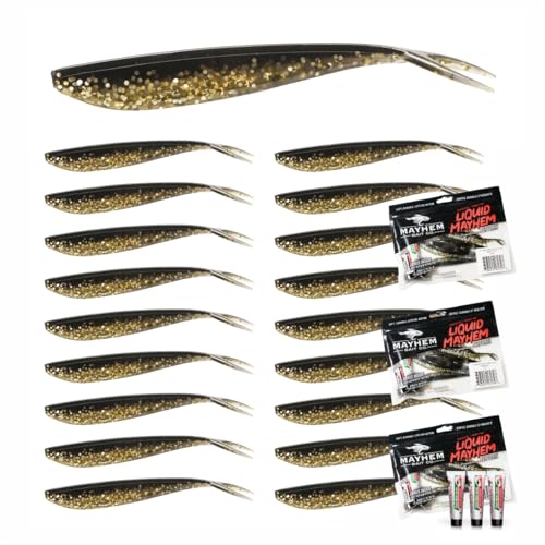 Liquid Mayhem Devils Split 4” – Soft Plastic Lures for Bass & Walleye with Fast Darting Action – Includes Bonus 10ml Attractant – 6 Baits Each Pack - size: 4" Kit - 3 Pack, style: Black Gold