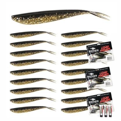 Liquid Mayhem Devils Split 4” – Soft Plastic Lures for Bass & Walleye with Fast Darting Action – Includes Bonus 10ml Attractant – 6 Baits Each Pack - size: 4" Kit - 3 Pack, style: Black Gold