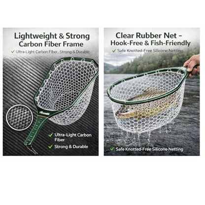 Aventik Fly Floating Fishing Net Carbon Fiber Landing Trout Net Light Weight Clear Rubber Ghost Net Catch & Release - color: Stealth Boat Frame standard handle black magnet