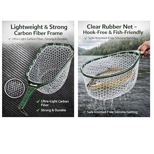 Aventik Fly Floating Fishing Net Carbon Fiber Landing Trout Net Light Weight Clear Rubber Ghost Net Catch & Release - color: Stealth Boat Frame standard handle green magnet
