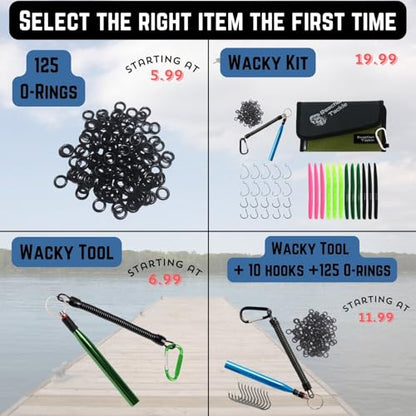 Reaction Tackle Wacky Rig Tool and O-Rings for Soft Plastic Worms, Bass Fishing Wacky Rig and Neko Rig Stick Bait Setup for Largemouth and Smallmouth - color: Green Tool plus 125 O-rings +10 hooks