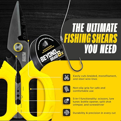 Beyond Fishing 6.5" Pro Fishing Shears Dual Serrated Blades, Fishing Braided Line Scissors with Titanium Coating, Non-Slip Grip & Multifunction Tool, Includes Hard Molded Locking Sheath - color: Omnipro - Yellow