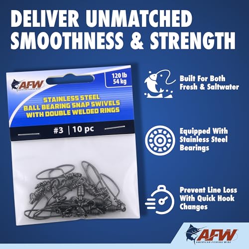 American Fishing Wire Stainless Steel Ball Bearing Snap Swivels with Double Welded Rings - size: 10 pc, #6, 320 lb test, style: 10 Piece