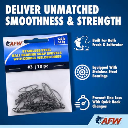 American Fishing Wire Stainless Steel Ball Bearing Snap Swivels with Double Welded Rings - size: 10 pc, #1, 70 lb test, style: 10 Piece