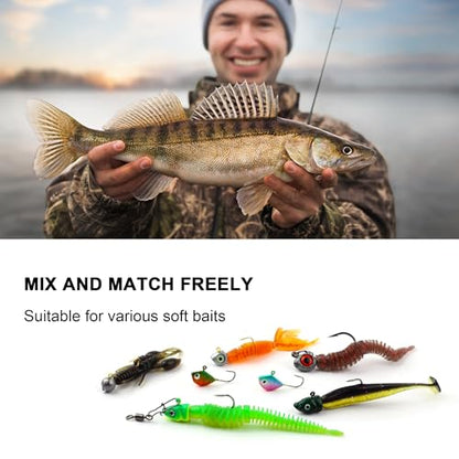 Fishing Jig Heads Hooks Kit 43pcs Glide Swimbait Soft Lures with 3D Eyes Weedless Floating Tools for Bass, Crappie, Walleye, Panfish,Shrimp Ice Fishing Gear Tackle Accessories