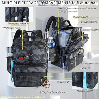 Fishing Backpack with Tackle Boxes and Rod Holder, 24L Fishing Sling Bag with Fishing Lures Kit, Fishing Gear Bag Gifts for Men Women - Camo Black Backpack - color: Camo Black