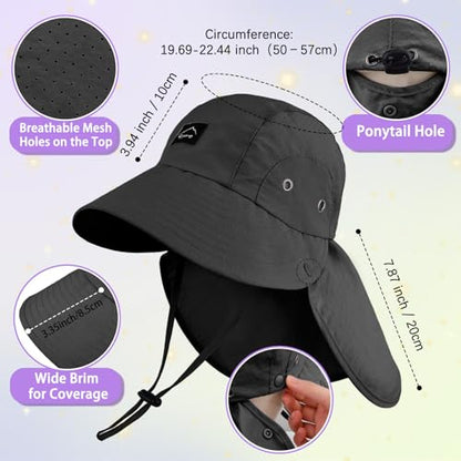Kids Sun Hat with Detachable Neck Flap for Boys & Girls Wide Brim Fishing Hat for Kids Water Resistant UV Protection - color: 1 Pack-black