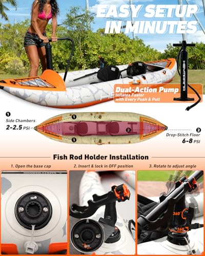 2 Person Inflatable Kayak Tandem Fishing Kayak for Adults, Portable Touring Kayak Canoe with Dual Floats, Drop-Stitch Floor and Fish Measuring Ruler, 12.5 FT - style: Rod Holder Included