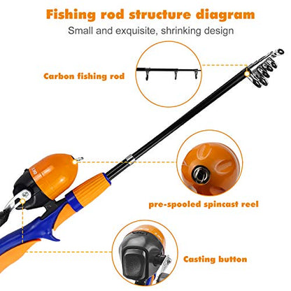 Urban Deco Kids Fishing Pole Set Portable Telescopic Kids Fishing Rod and Reel Combo Kit with Tackle Box for Beginners, Boys,Girls,Youth,Children - color: orange