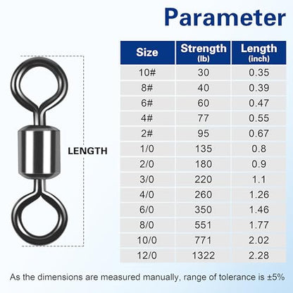 Barrel Swivels Fishing Tackle, 20/80pcs Heavy Duty Fishing Swivel Connector Stainless Steel Black Nickel Rolling Swivels Saltwater Freshwater 30-1322lb - size: 80pcs--6/0--350lb