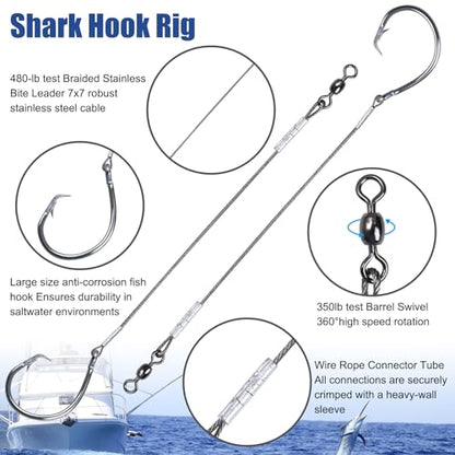 2 Pack Pre-Tied Shark Fishing Hook Rigs Heavy Duty Stainless Leader Wire and Big Game Circle Hooks 14/0 16/0 18/0 Ideal for Deep Sea Fishing Shark Tuna Halibut - size: 14/0 - 2 PCS