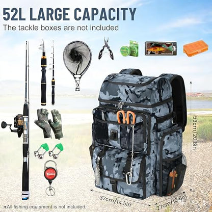 VJI Fishing Tackle Backpack with Rod Holder, Large Tactical Backpack, Fishing Gear Tackle Box Tactical Backpack, Water Resistant Sport Bag and Equipment - color: Black Camo