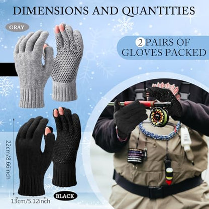 Geyoga 2 Pairs Wool Fingerless Fishing Gloves for Men Women Anti-Slip with Grip Dots Warm Winter Fly Ice Fishing Gloves - color: Black and Gray, style: 3 Cut Fingers
