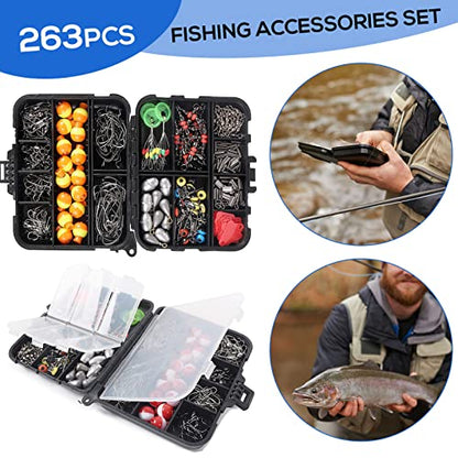 263pcs Fishing Accessories Set with Tackle Box Including Plier Jig Hooks Sinker Weight Swivels Snaps Sinker Slides - color: Red & white