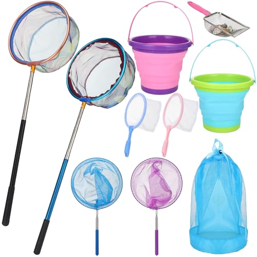 2 Pack Telescopic Kids Fishing Net with Handle, 2 Collapsible Bucket Sand Pail, Stainless Steel Foldable Fishing Net Small Fishing Butterfly Bug Net Beach Shovel with Storage Bag - color: Green Pink Purple Blue