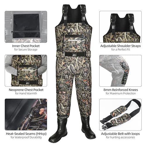 Fishing Waders for Men, Waterproof 4mm Neoprene Hunting Waders, 8mm Reinforced Knees, 800G Insulation Bootfoot