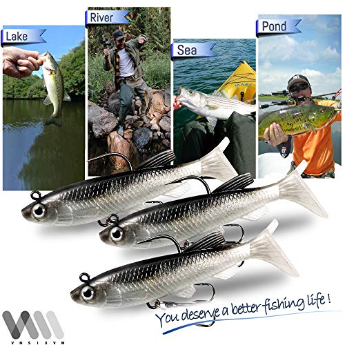 Soft Fishing Lures Shad Minnow Swimbaits, Pre-Rigged Jig Heads Paddle Tail Swim Baits for Bass, Trout, Walleye, Crappie, Sinking Jigs Bait for Saltwater Freshwater, Fishing Gifts for Men - color: A1-Weedness Pre Rigged Swim Baits-5pcs-3.15inch