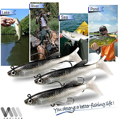 Soft Fishing Lures Shad Minnow Swimbaits, Pre-Rigged Jig Heads Paddle Tail Swim Baits for Bass, Trout, Walleye, Crappie, Sinking Jigs Bait for Saltwater Freshwater, Fishing Gifts for Men - color: A1-Weedness Pre Rigged Swim Baits-5pcs-3.15inch