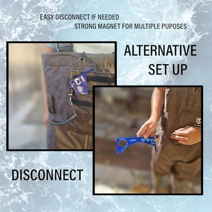 Fishernomics Crab Gauge - Blue & Silver Crab Ruler, Measuring Tool for Dungeness Crab, Rock Crab and Blue Crab with Strong Magnetic Clip Holder and Retractable Coiled Lanyard Carabiner