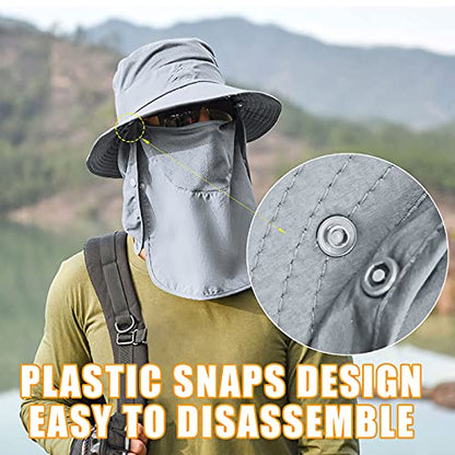 Fishing Hat for Men & Women, Outdoor UV Sun Protection Wide Brim Hat with Face Cover & Neck Flap - color: Grey
