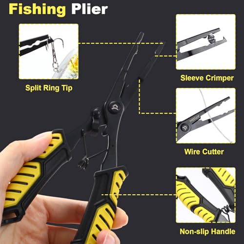 RoundFunny Fish Lip Gripper Pliers, Combo Fishing Tool Kit Stainless Steel Multifunction Hook Remover, Split Ring Pliers with Lanyards Sheath for Fly, Easter Fishing Basket Gift Gear Men Women - color: Yellow