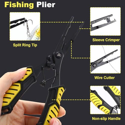 RoundFunny Fish Lip Gripper Pliers, Combo Fishing Tool Kit Stainless Steel Multifunction Hook Remover, Split Ring Pliers with Lanyards Sheath for Fly, Easter Fishing Basket Gift Gear Men Women - color: Yellow