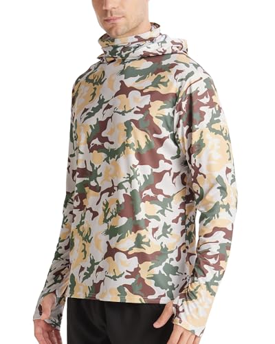 FISHEAL Men's Performance Fishing Hoodie Shirt - UPF 50+ Sun Protection Long Sleeve Thumbholes Shirts with Neck Gaiter - color: Desert Sand Camo, size: Medium